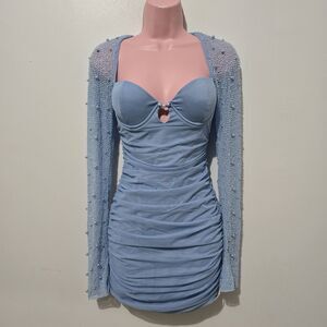 NWT - Oh Polly - St Germain Beaded Mini Dress Long Sleeve - Baby Blue - Size 4